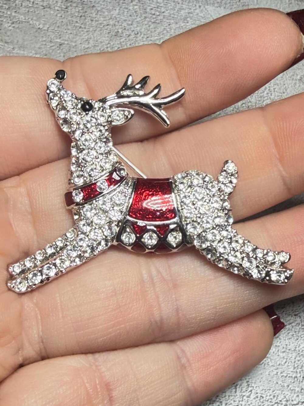 Rhinestone Reindeer Brooch Silver Tone Red Christmas Holiday Pin